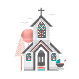 Card - Blue, Red Church by Ella Leach