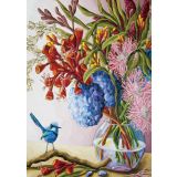 Card - Wren Besides A Vase Of Hydrangeas & Native Flowers by Kate Quinn