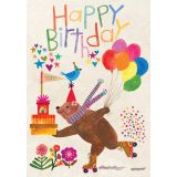 Card - Happy Birthday, Skating Bear Holding Cake by Katherine Herrell