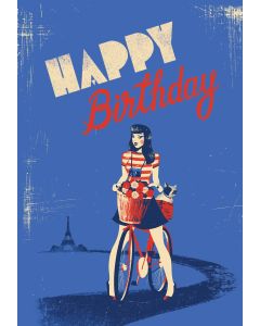 Card - Happy Birthday, Frenchie & Woman on a Bike by Chrisillo