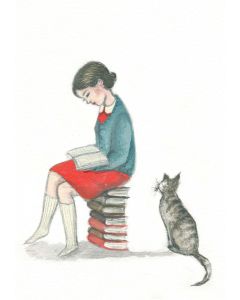 Card - Girl & Cat Reading by Michelle Pleasance